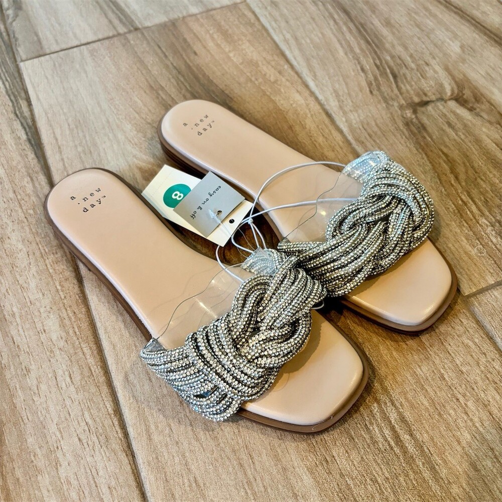 A New Day Iliana Slide Sandals Womens Size 8 Silver Rhinestone Knot